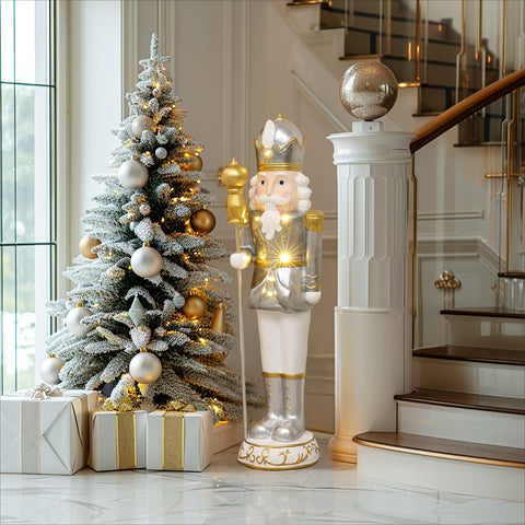 Traditional nutcracker king in white with lights, 3ft tall