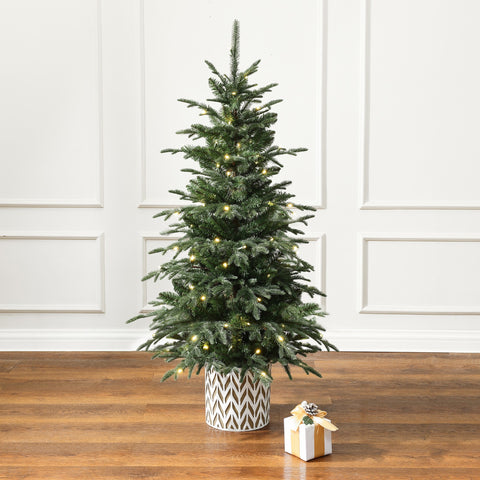 4.5Ft Pre-Lit Green Slender Fir Potted Artificial Christmas Tree