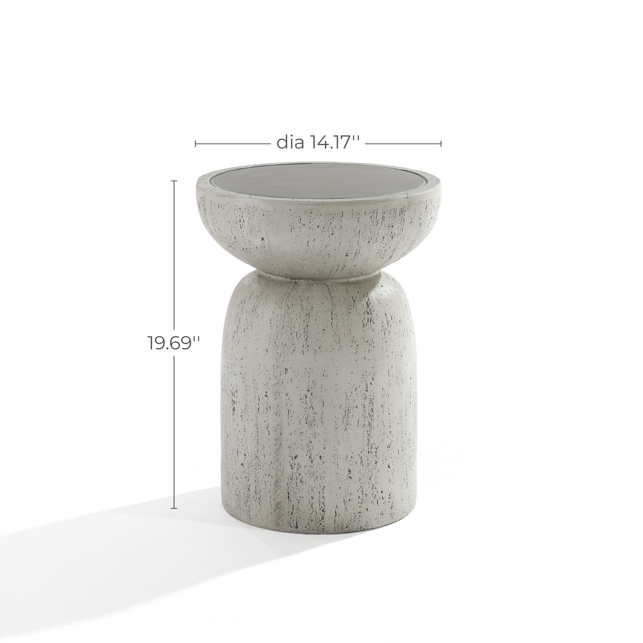 The LuxenHome rustic off white and gray outdoor side table features an hourglass shape made from MgO, with dimensions of 14.17 in diameter and 19.7 in height. Its smooth surface resembles natural stone, casting subtle shadows on a plain white background, making it ideal as a garden stool for elegant settings.