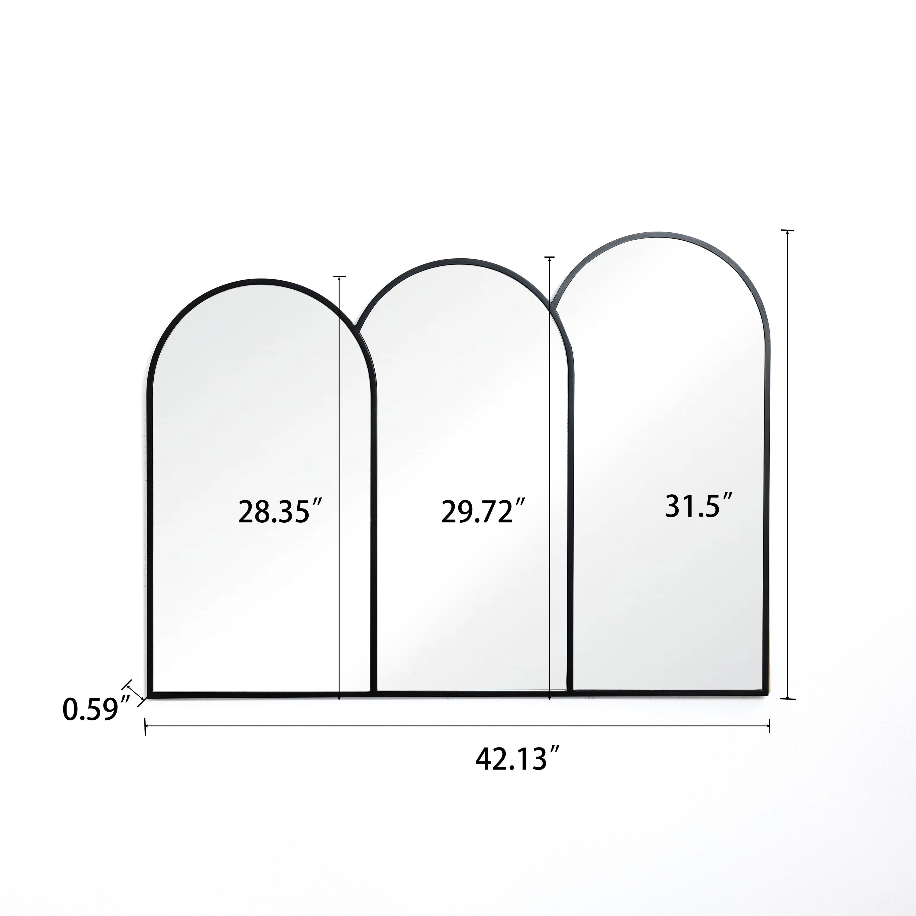 dimension for metal frame triple arch shape wall mirror, 42.13 inch width, 31.5 inch height, 0.59 inch depth