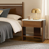 Faux Marble Wood Accent Side Table with Drawer and Open Shelf