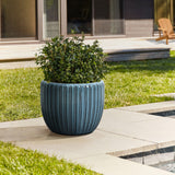 A green shrub thrives in a sea-green flowerpot, nestled on a stone patio beside the grass and a shallow pool. A wooden chair and modern building are visible in the background, complementing the serene setting.