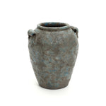 Gray terracotta vase with blue speckles and two small side handles, photographed against a white background.