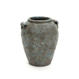 Gray terracotta vase with blue speckles and two small side handles, photographed against a white background.