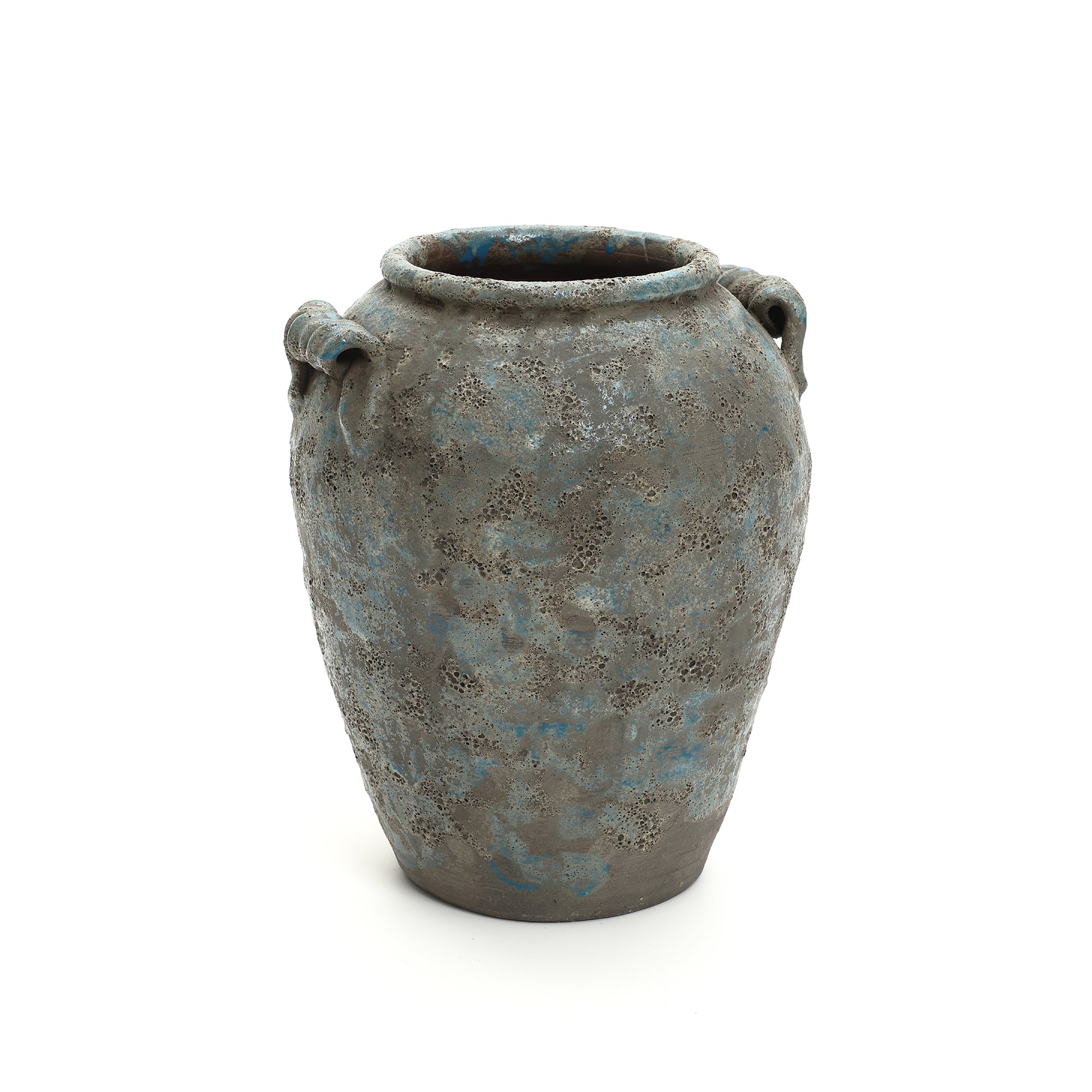 Gray terracotta vase with blue speckles and two small side handles, photographed against a white background.