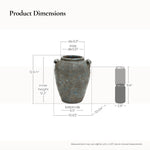 Ceramic terracotta vase size: 12.6"H, 6.3" top dia, 6.5" bottom dia, 10.63"W including handles. Inner height is 12.2".