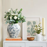 Blue Wide-Mouth Waterproof Round Floral Ceramic Vase,9.4''
