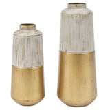 Set of 2 Distressed Gold and Gray Metal Bottle Vases