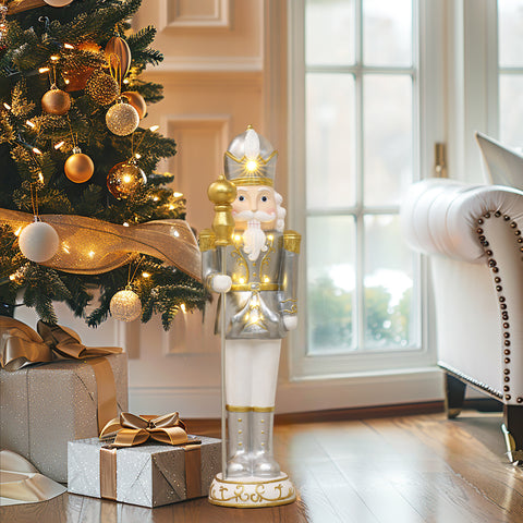 Traditional nutcracker king in white with lights, 2ft tall