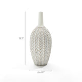 LuxenHomes modern geometric pattern resin tall trumpet vase stands 19.5 inches high and features intricate designs in a white finish, offering an elegant touch to any space.