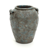 Antiqued blue & brown terracotta vase with handles, 12" tall farmhouse vintage pottery