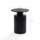 A black cylindrical side table with a modern aesthetic and round top. It features natural wood grain, measuring 17.5 inches in diameter, 12 inches at the base, and standing 22.2 inches tall.