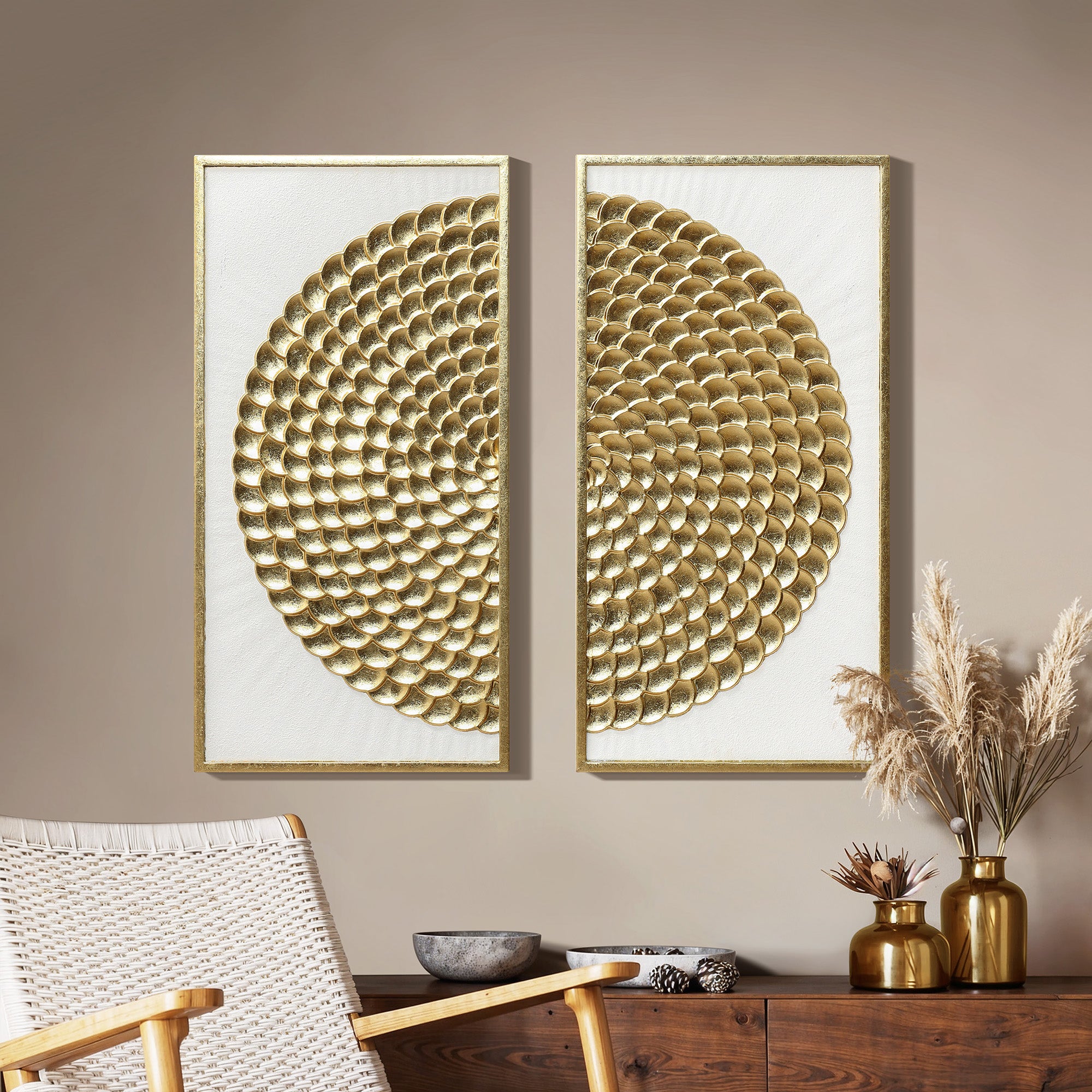 2-piece gold metal wall art set are displayed side by side above a wooden cabinet 