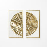 2 piece distressed finish wall art are displayed side by side above a wooden cabinet with decorative vases, a bowl, and a woven chair.