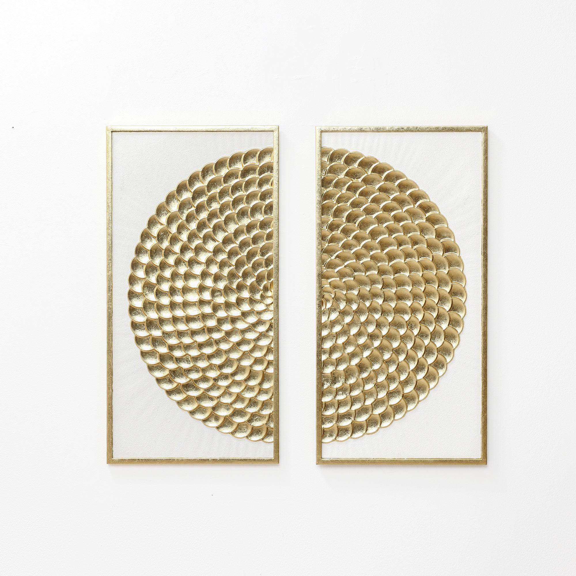 2 piece distressed finish wall art are displayed side by side above a wooden cabinet with decorative vases, a bowl, and a woven chair.