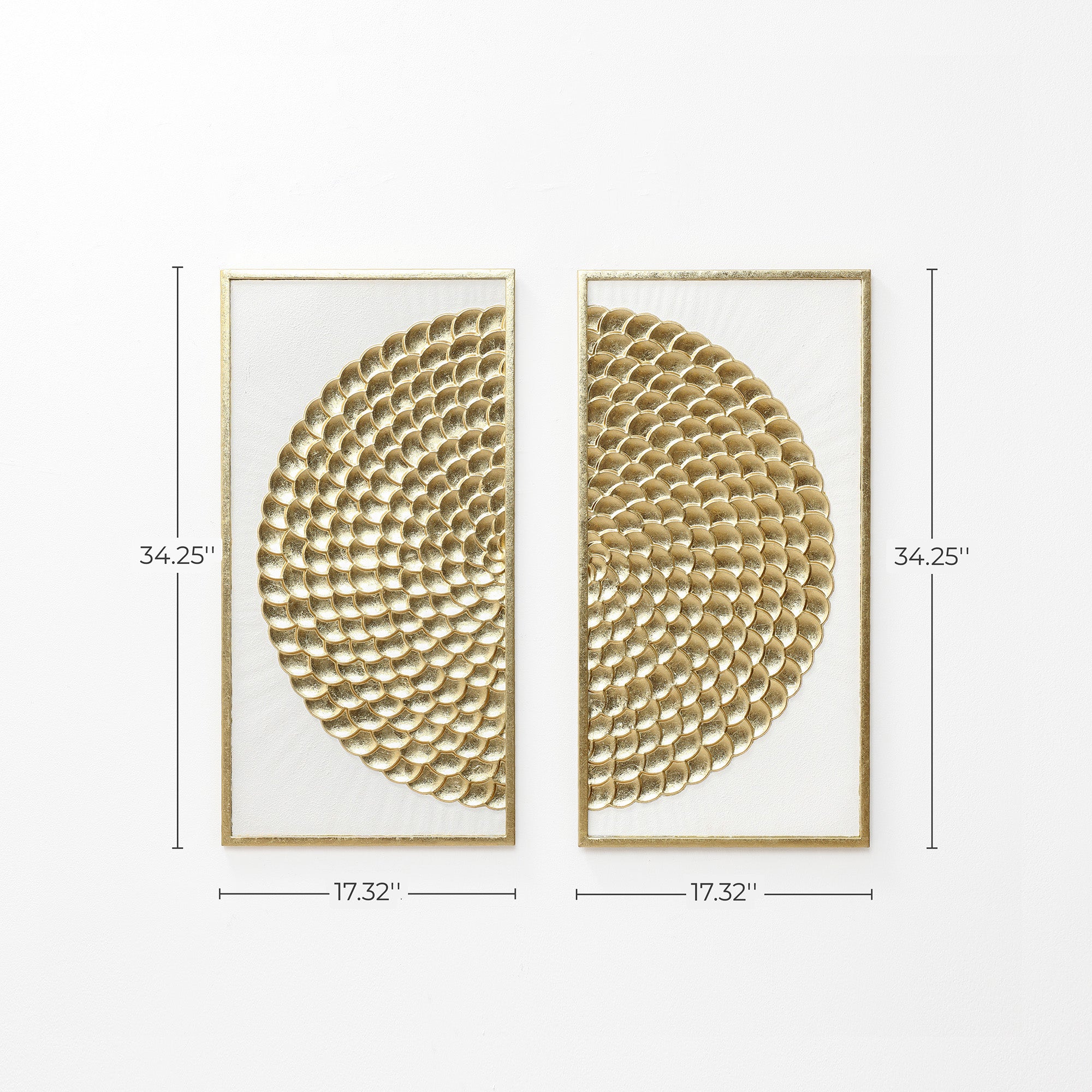 The size of 2 piece modern rustic wall decor art are displayed side by side above a wooden cabinet.