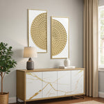 Two modern rustic wall decor are displayed above a  cabinet with decorative vases, a bowl, and a woven chair in the foreground.