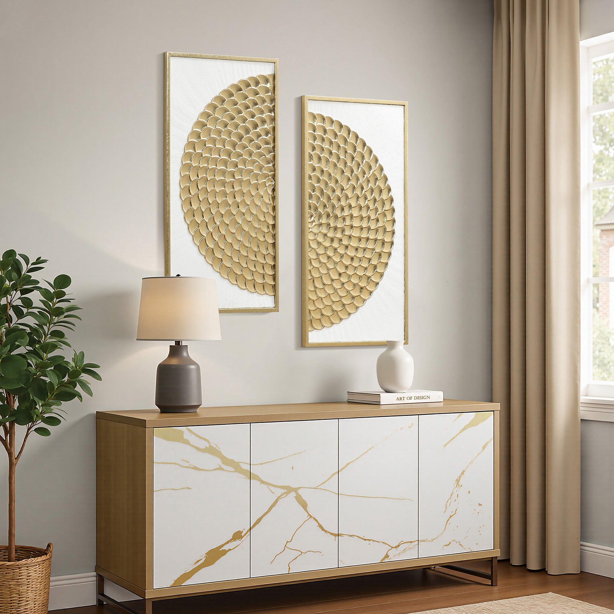 Two modern rustic wall decor are displayed above a  cabinet with decorative vases, a bowl, and a woven chair in the foreground.