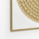 The detail of two modern rustic wall decor are displayed above a  cabinet with decorative vases, a bowl, and a woven chair in the foreground.