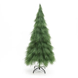 5ft artificial tree with feathery branches, stands on black metal stand, isolated on a white background.