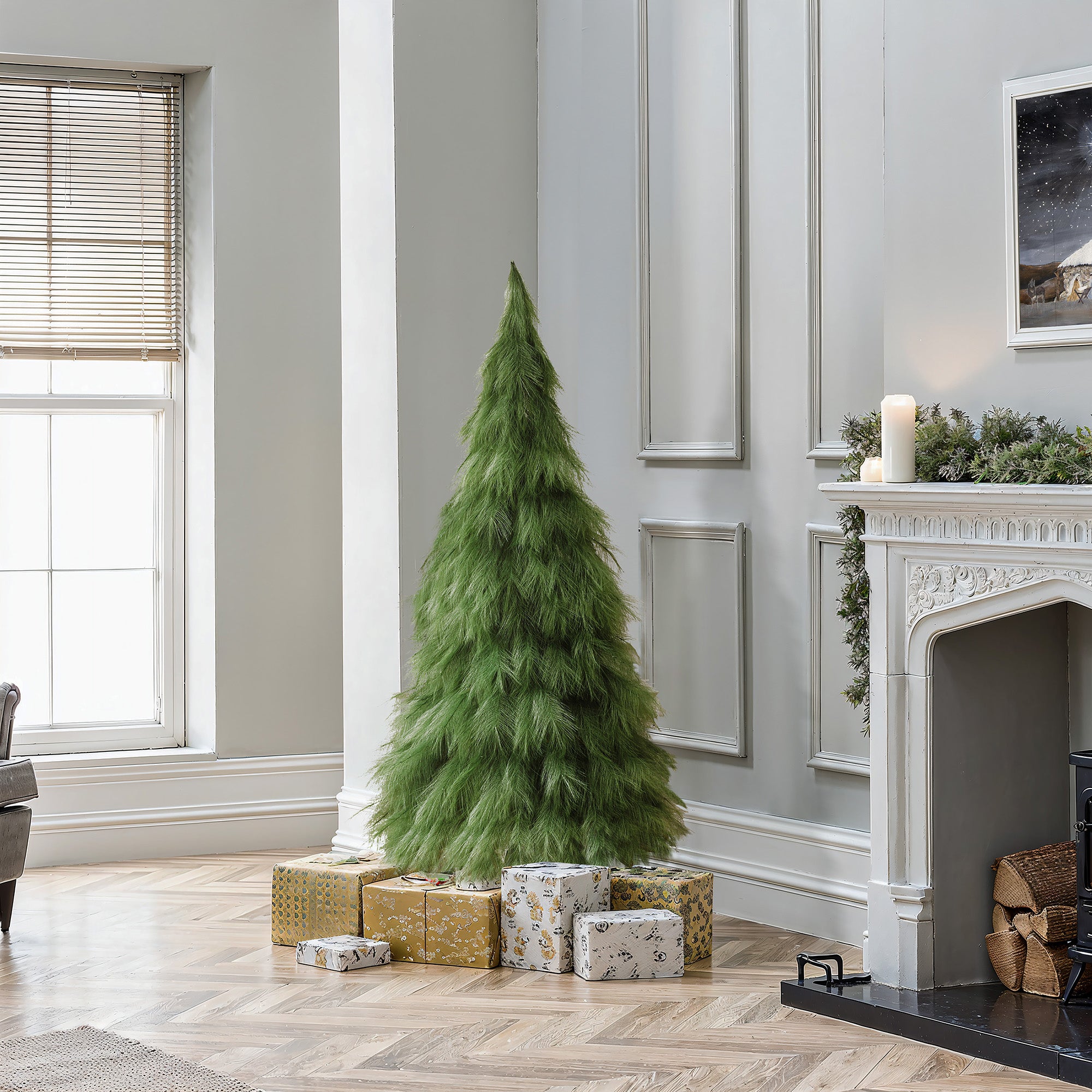 5ft artificial tree stands in living room corner, surrounded by wrapped presents, next to fireplace decor with garland.
