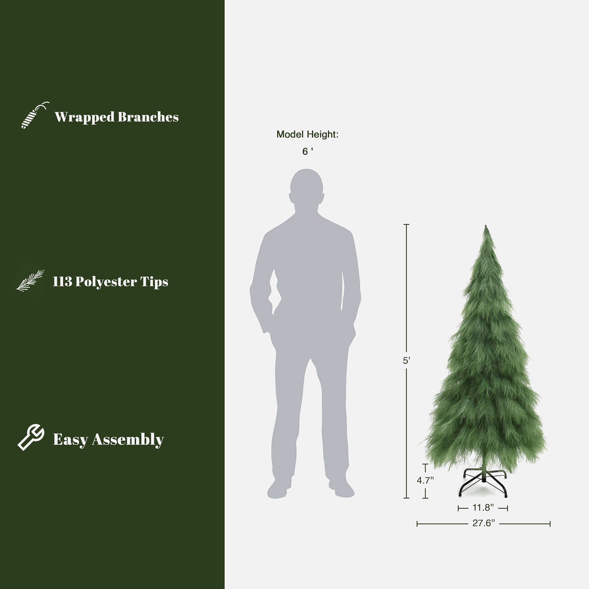 5ft artificial tree with sturdy stand beside 6 ft human silhouette; include wrapped branches, 113 PE tips, easy assembly.