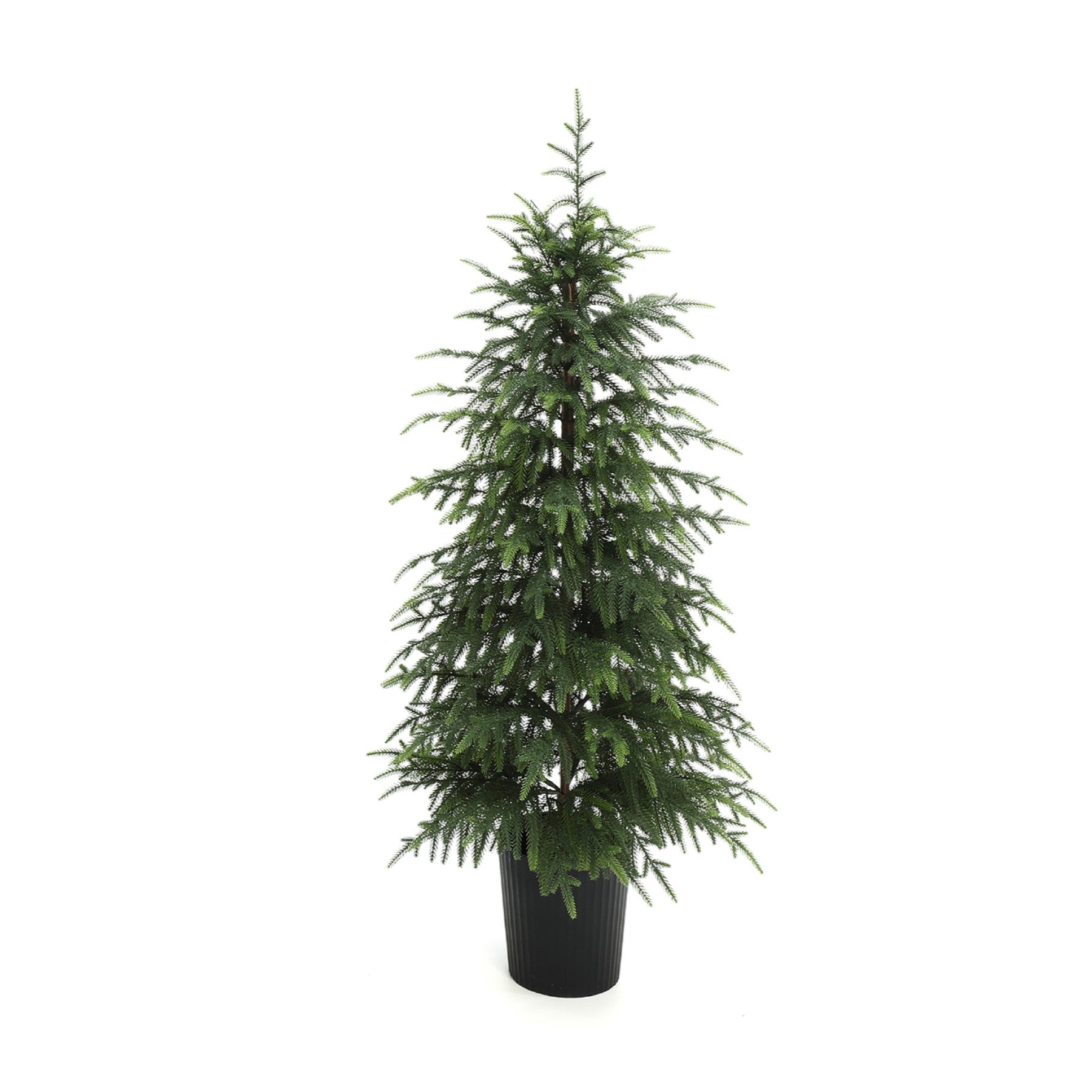 Slim artificial christmas tree with dense green branches is potted ,displayed against plain white background.