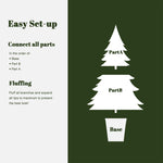 Show the assembly order of an artificial tree: base at the bottom, followed by Part B, Part A on top, with setup,fluffing instructions on the left.