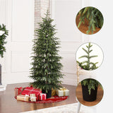 Decor realistic tree stands in living room with wrapped presents underneath; close-up insets highlight the lifelike branches.