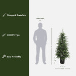 Artificial fir tree in pot stands beside 6 ft silhouette for scale; wrapped branches, 2565 pe tips, easy assembly.