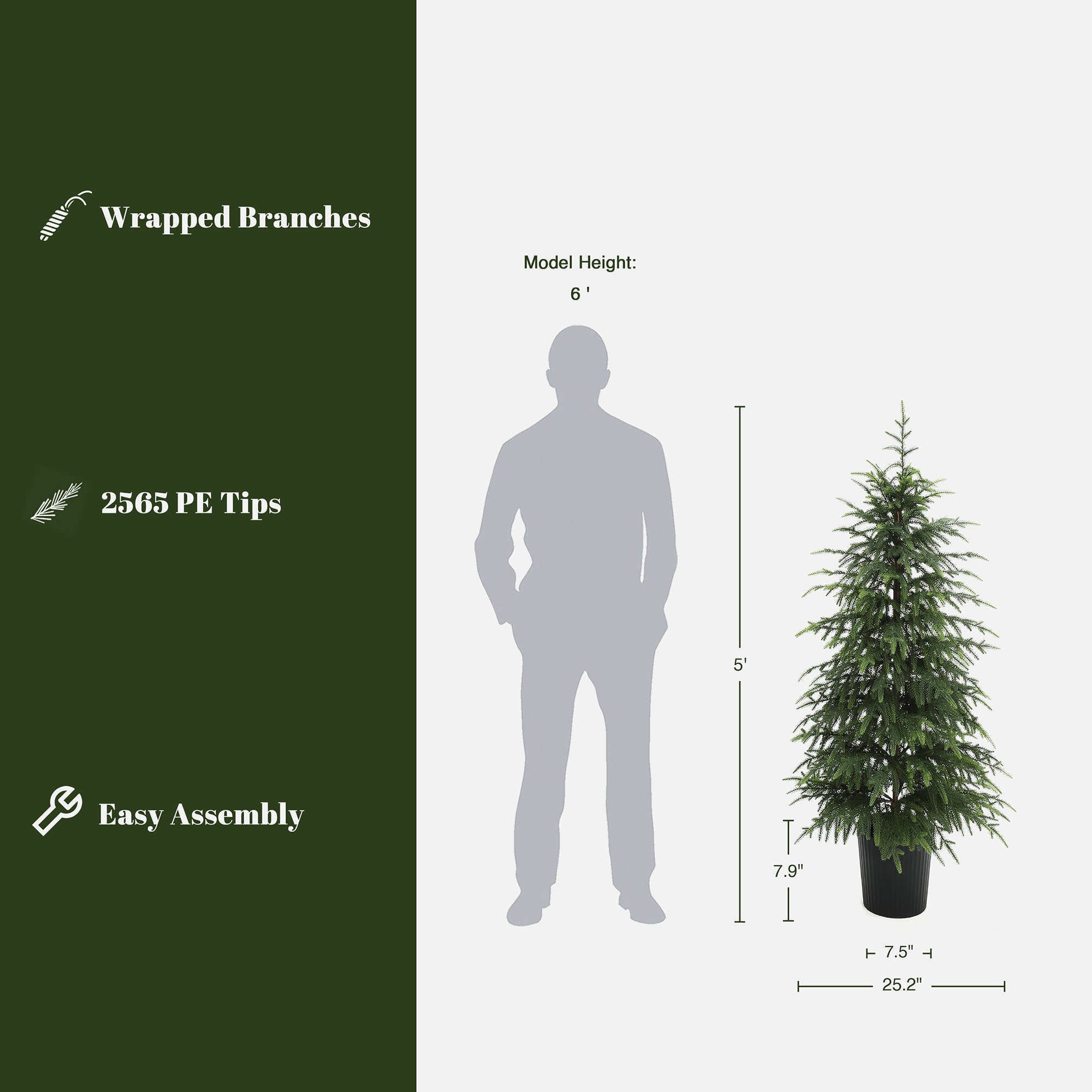 Artificial fir tree in pot stands beside 6 ft silhouette for scale; wrapped branches, 2565 pe tips, easy assembly.