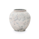 Round wide-mouthed gray cement vase with a textured mottled surface, set against a plain white background.