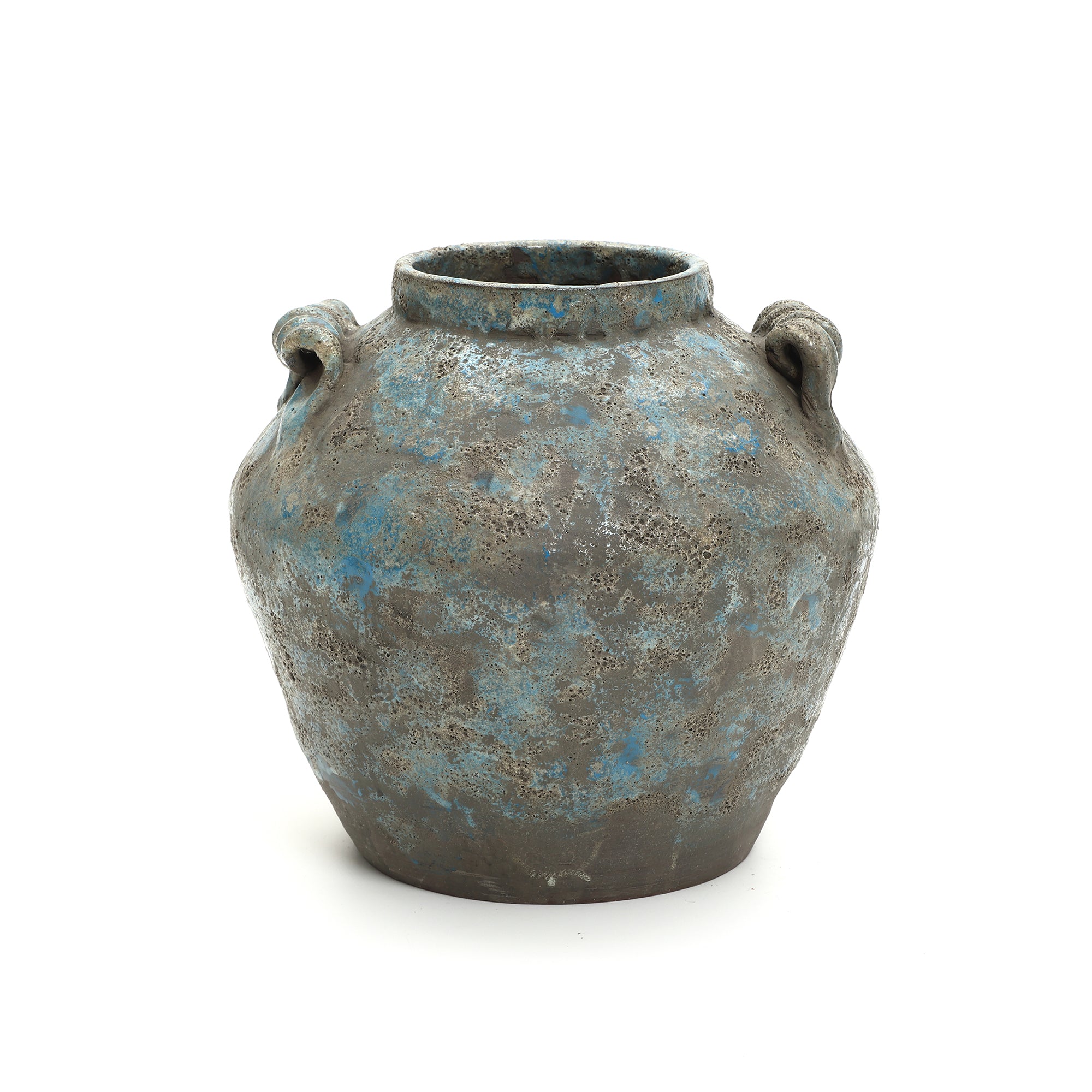 Round ceramic vase with blue and gray tones, two small looped side handles, and a wide neck.
