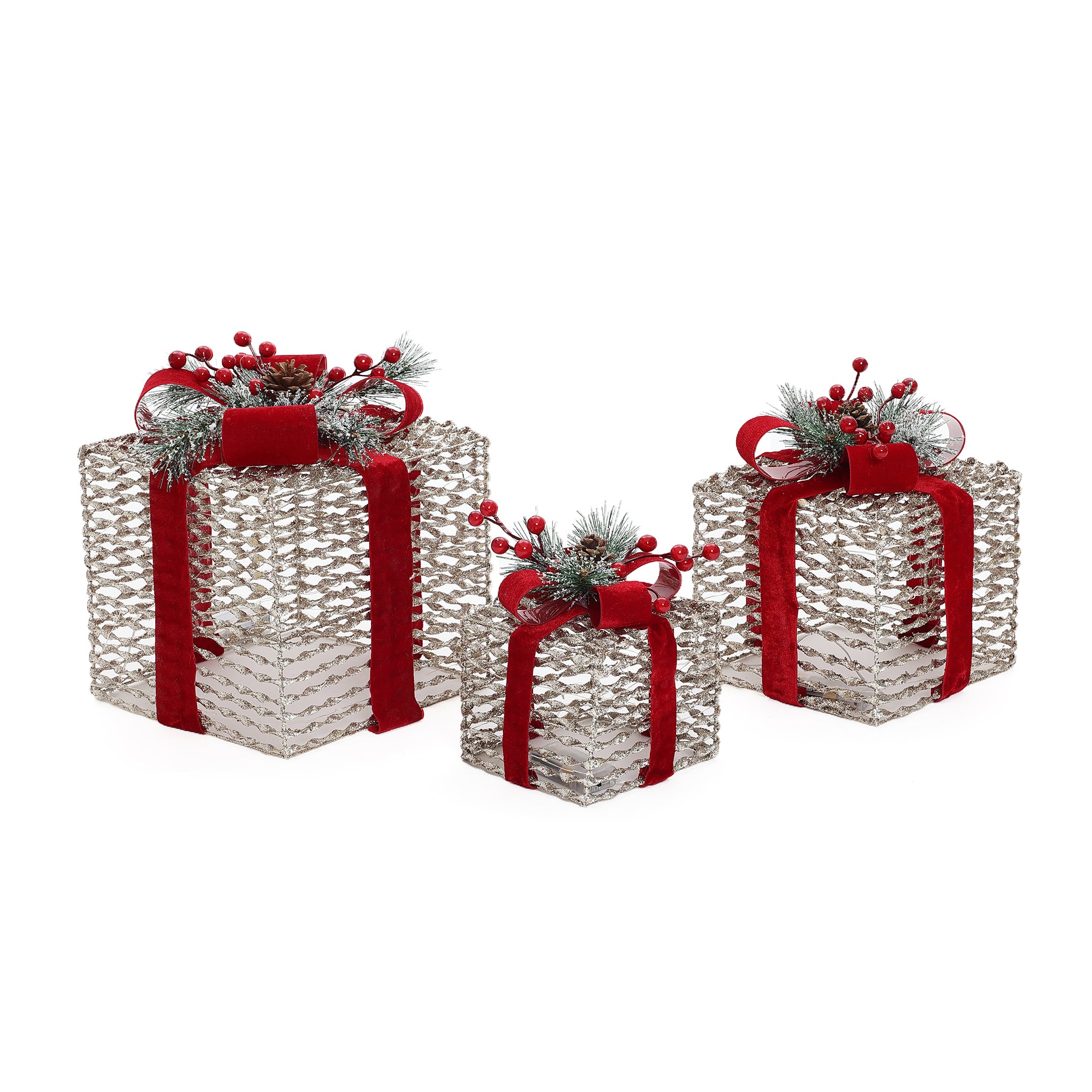 3 decor silver gift boxes with lights, red ribbons, greenery, red berry accents, arranged on white background.