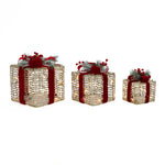 3 decor gold wire gift boxes with red ribbons, led lights, greenery, arranged in descending size againstwhite background.