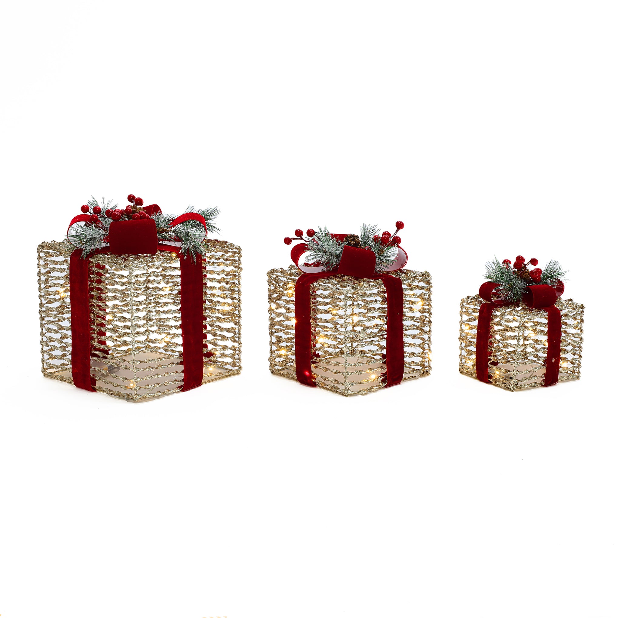 3 decor gold wire gift boxes with red ribbons, led lights, greenery, arranged in descending size againstwhite background.