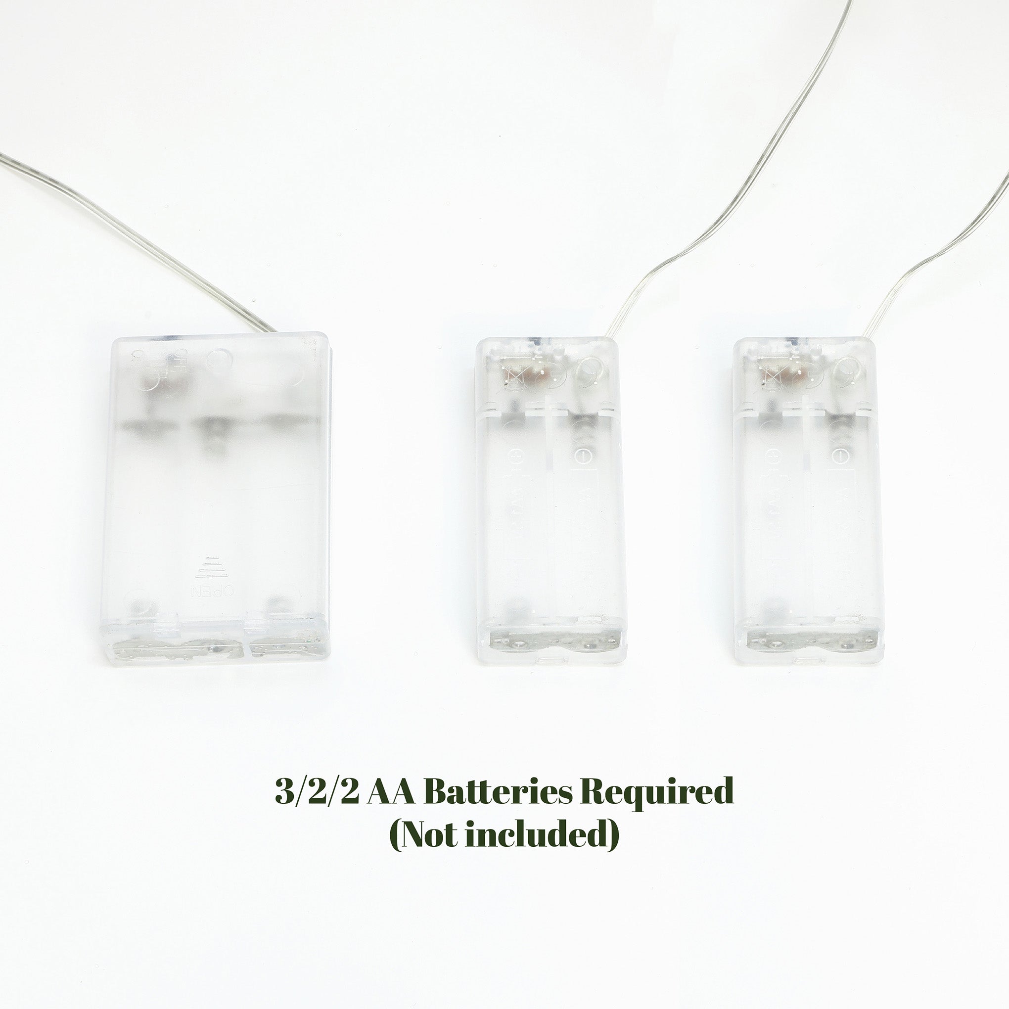 3 battery holders with attached wires are displayed on white background, text reads: 3/2/2 aa batteries required (not included).