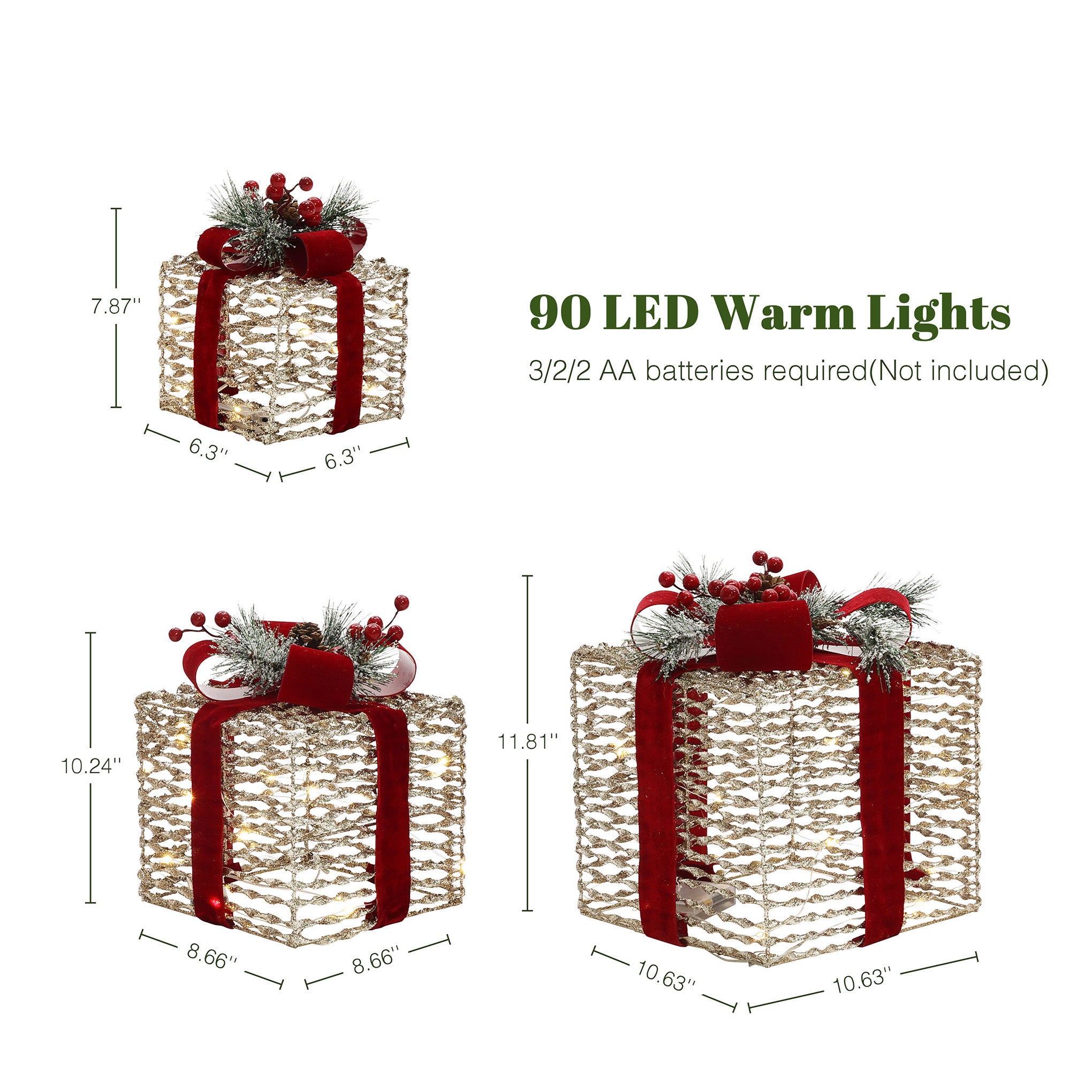 3 decor gift box with lights, adorned with red bows ,greenery , 90 warm led lights, size of each box are shown.