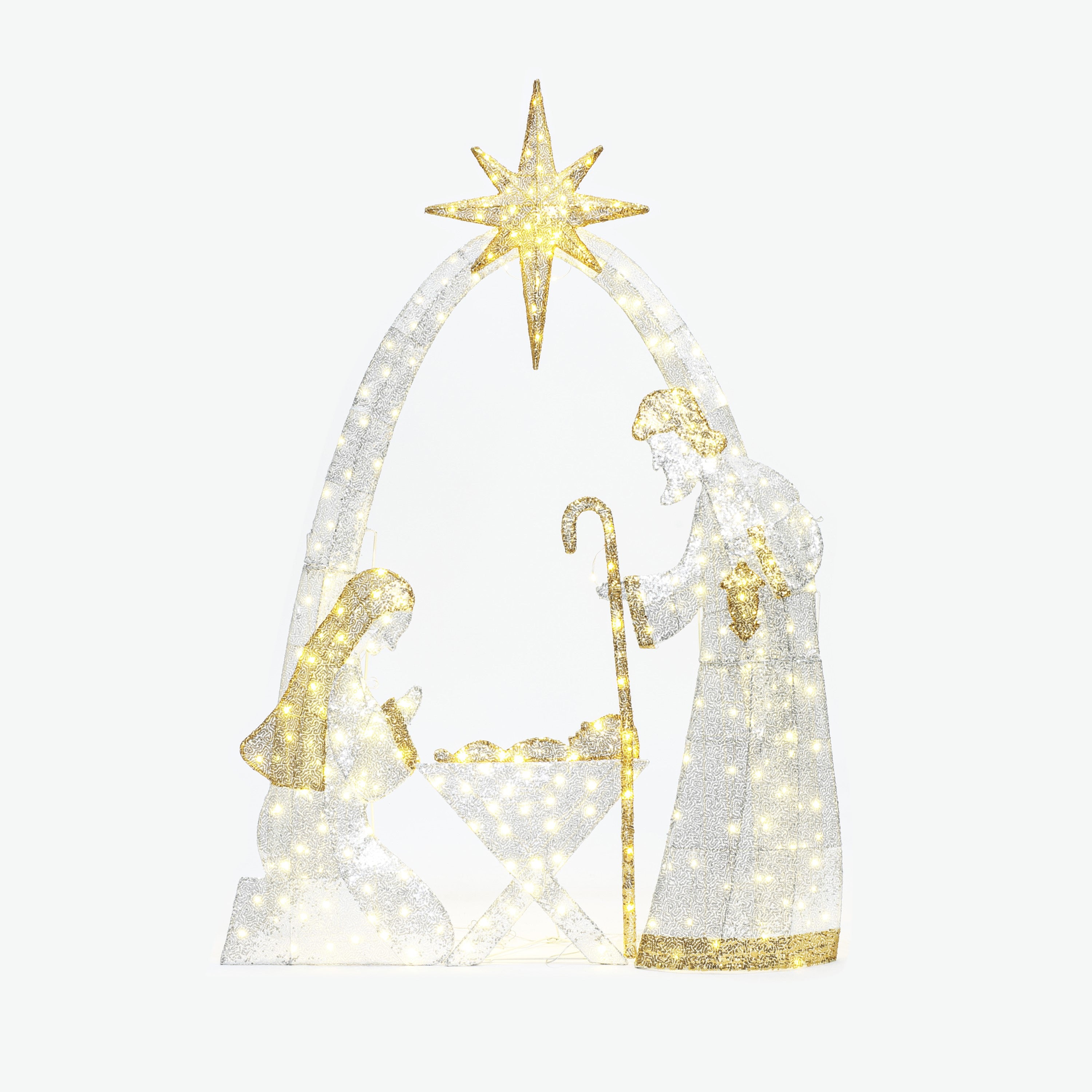 Pre-lit nativity scene decor featuring Mary, Joseph, baby Jesus under gold star, against white background.