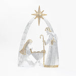 Silver ,gold nativity scene decor featuring Mary, Joseph holding a staff, baby Jesus in a manger under star.
