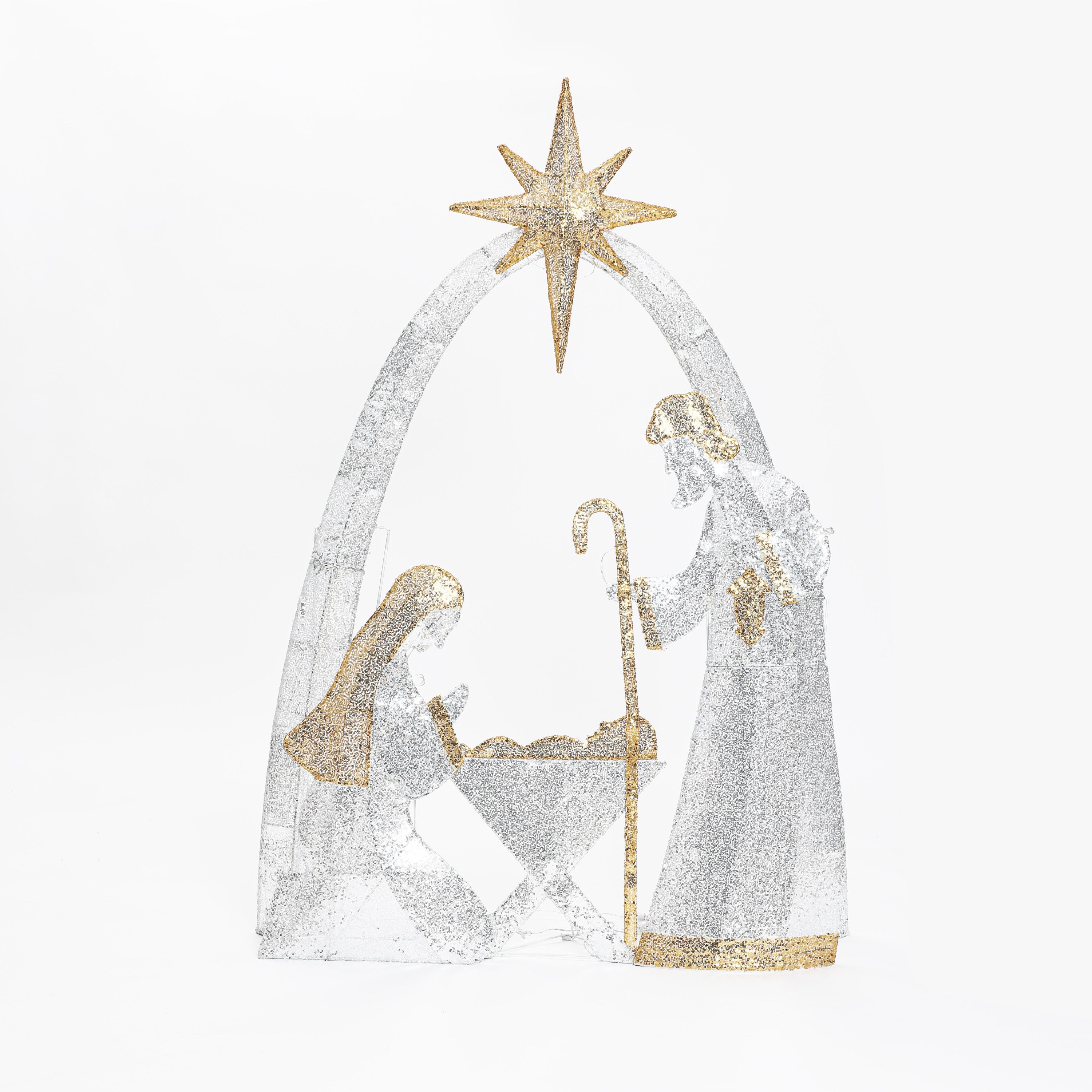 Silver ,gold nativity scene decor featuring Mary, Joseph holding a staff, baby Jesus in a manger under star.
