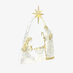Pre-lit nativity scene decor featuring Mary, Joseph, baby Jesus under star, with gold ,white lights on a white background.