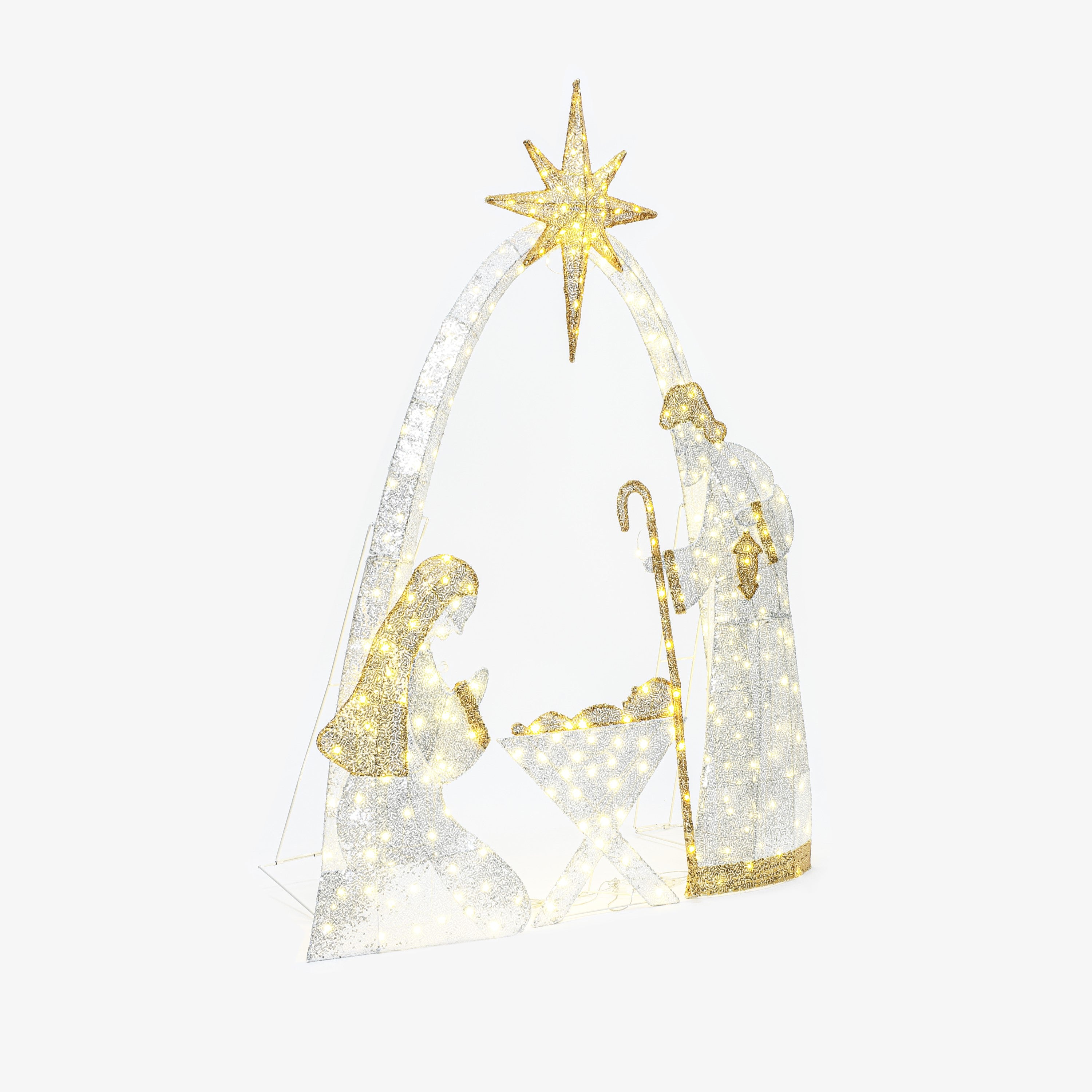 Pre-lit nativity scene decor featuring Mary, Joseph, baby Jesus under star, with gold ,white lights on a white background.