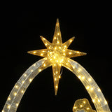 Pre-lit star christmas decor with 5 points ,lights, positioned at the top of an arched structure against black background.