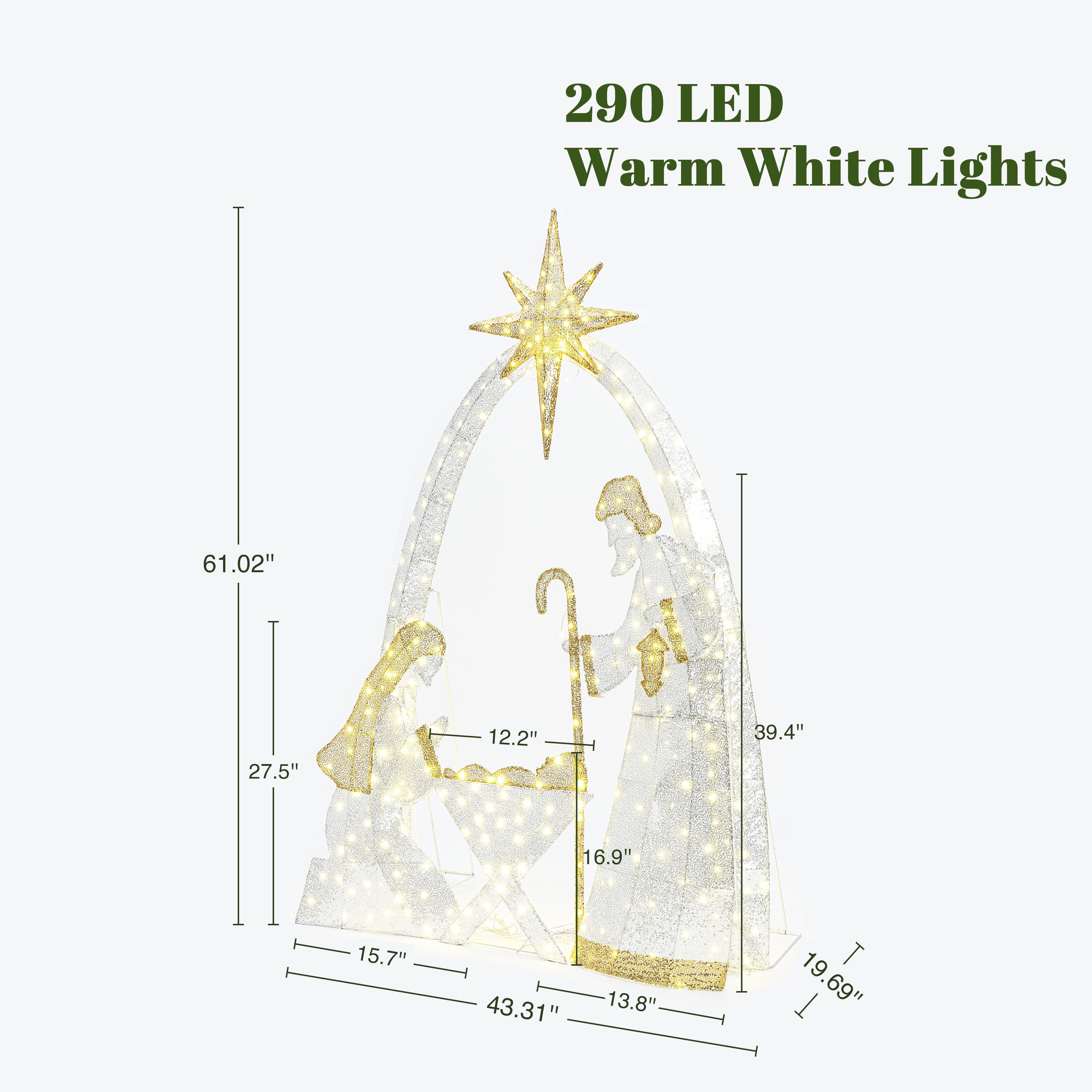 Pre-lit nativity scene featuring 290 warm white led lights, with Mary, Joseph, baby Jesus, size clearly displayed each figure.