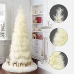 Ivory pampas grass tree with feathery texture stands tall, surrounded by gold-wrapped gifts,  close-up insets of the tree’s unique branches.