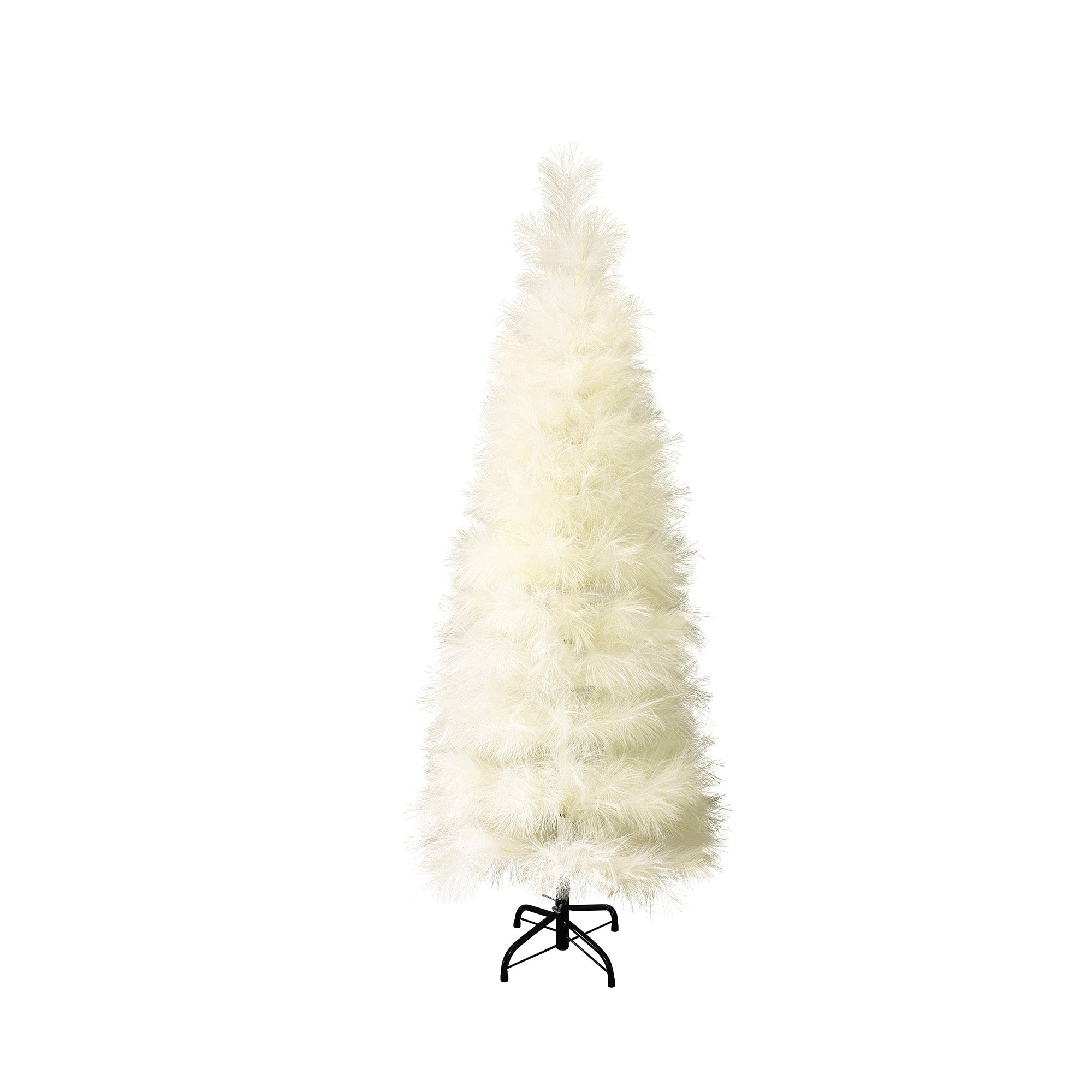 White slim pampas grass tree with fluffy branches stands on black metal stand, against plain white background.