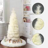 White feather Christmas tree with gold, white gifts at the base, a white owl decor, close-up insets highlighting tree’s delicate texture.