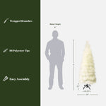 Show 5ft slim pampas grass tree with 86 PE tips, wrapped branches, easy assembly, alongside a 6ft tall human silhouette for height reference.
