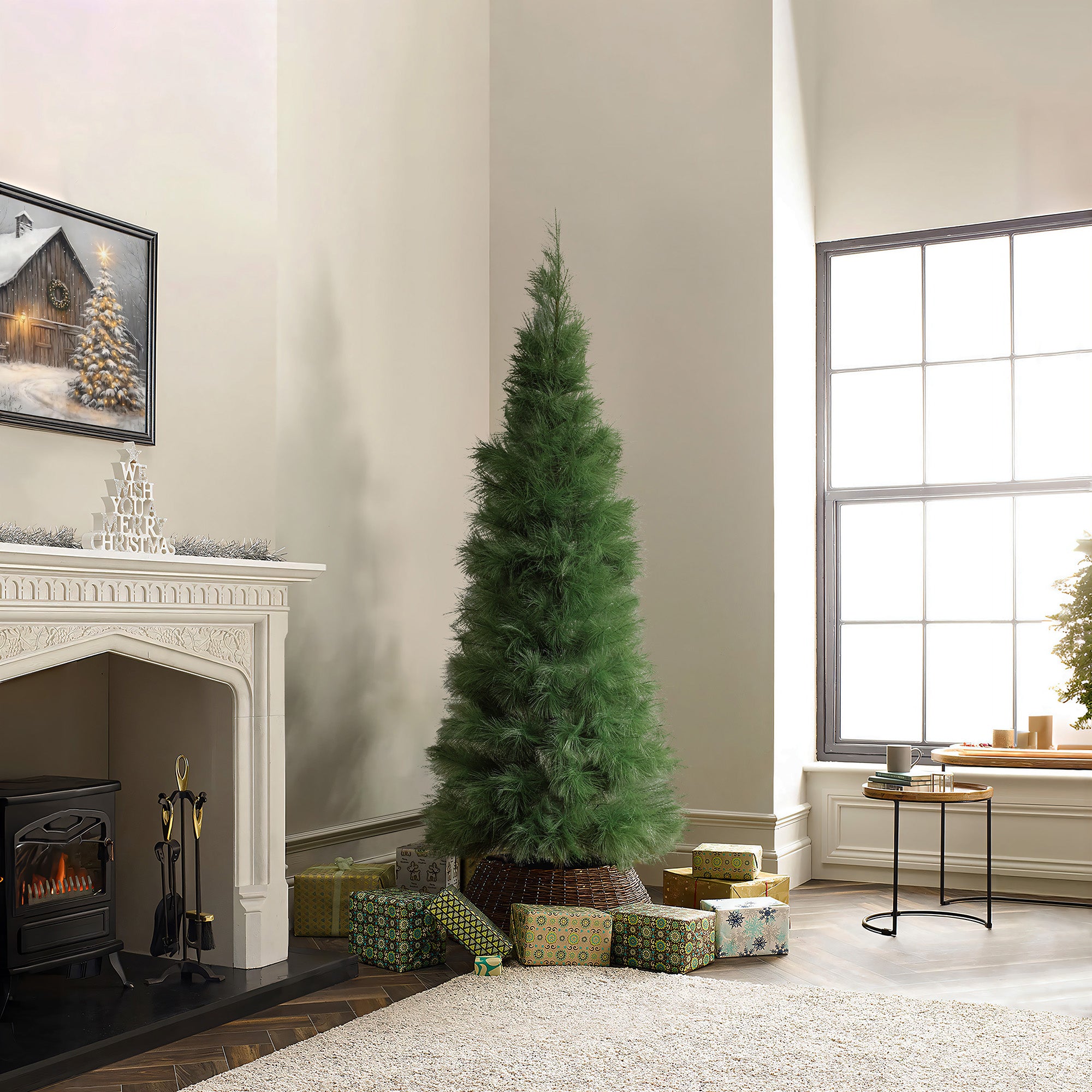 Artificial pampas grass tree stands in corner beside wrapped gifts, near fireplace, large window in bright living room.